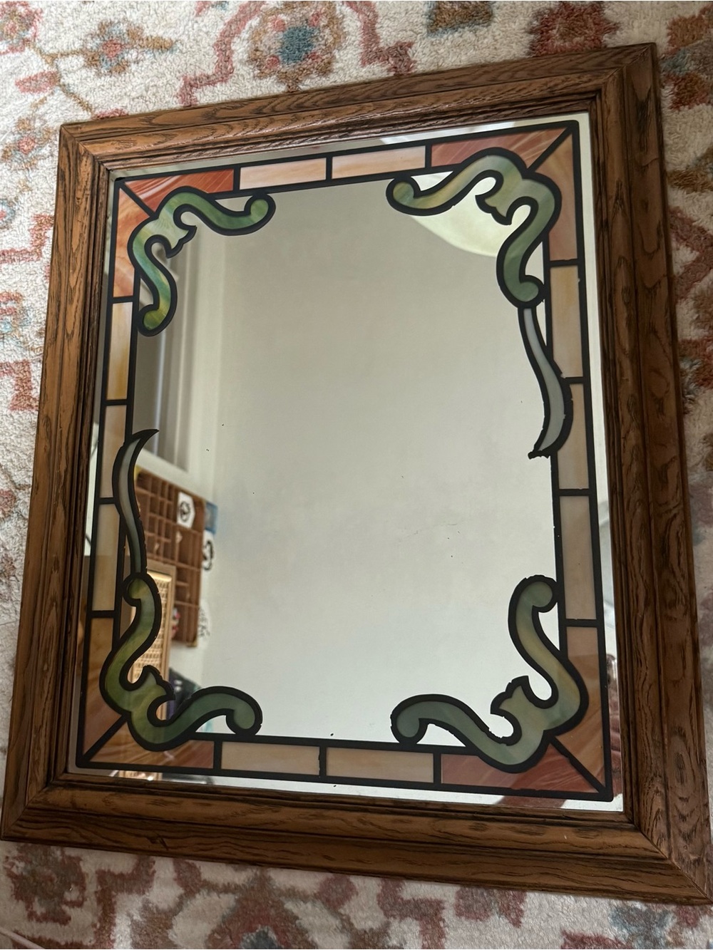 Decorative vintage 1980 Accent Stained Glass Mirror Wood Frame